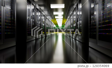 Server room data center. Backup, mining, hosting, mainframe, farm and computer rack with storage information. 3d render 128354069