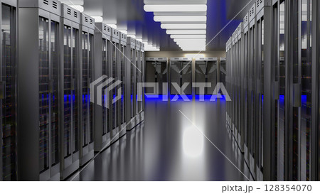 Server room data center. Backup, mining, hosting, mainframe, farm and computer rack with storage information. 3d render 128354070