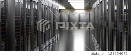 Server room data center. Backup, mining, hosting, mainframe, farm and computer rack with storage information. 3d render 128354071
