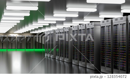Server room data center. Backup, mining, hosting, mainframe, farm and computer rack with storage information. 3d render 128354072