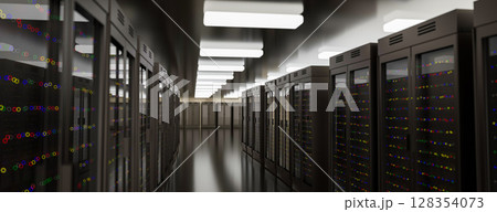Server room data center. Backup, mining, hosting, mainframe, farm and computer rack with storage information. 3d render 128354073