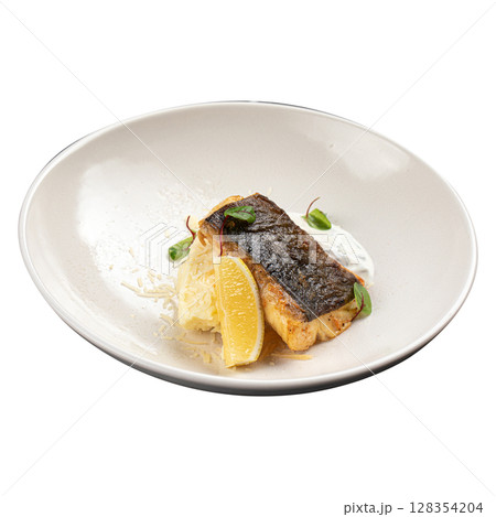 Isolated plate of grilled fish fillet with lemon Isolated plate of grilled fish fillet with lemon 128354204