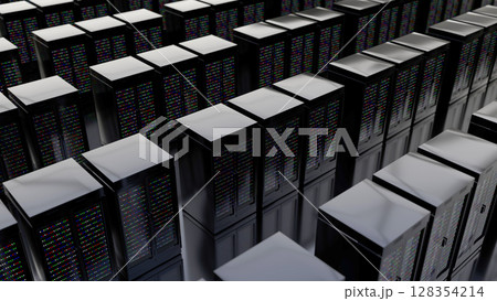 Server room data center. Backup, mining, hosting, mainframe, farm and computer rack with storage information. 3d render 128354214