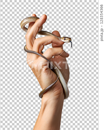 Snake coiled around human fingers isolated on the transparent background, exotic animal showcase 128354366