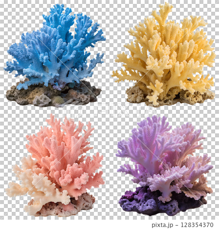 Vibrant coral reef collection isolated, tropical underwater ecosystem with colorful species diversity 128354370