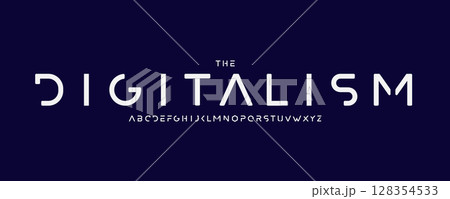 Futuristic techno digital font with clean geometric typeface. Cyberpunk minimalistic alphabet for science branding, gaming, UI, UX, tech design. Capital letters for display title. Vector illustration. Futuristic techno digital font with clean geometric typeface. Cyberpunk minimalistic alphabet for science branding, gaming, UI, UX, tech design. Capital letters for display title. Vector illustration. 128354533