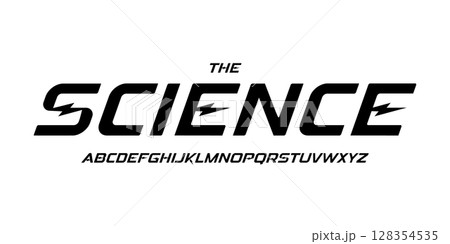Science technology font, futuristic alphabet for scientific headline, medical digital product logo, display device typography, app UI typographic design. Modern vector typeset. 128354535
