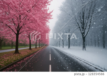 Dual-Season Boulevard Dividing Spring Blossoms and Winter Snowfall Perspective 128354566