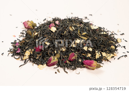 Natural Herbal Tea Blend. Black Tea with Ginseng and Rose. Natural Herbal Tea Blend. Black Tea with Ginseng and Rose. 128354719