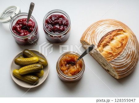 Homemade pickles, jam jars, and sourdough bread on a neutral backdrop Homemade pickles, jam jars, and sourdough bread on a neutral backdrop 128355047