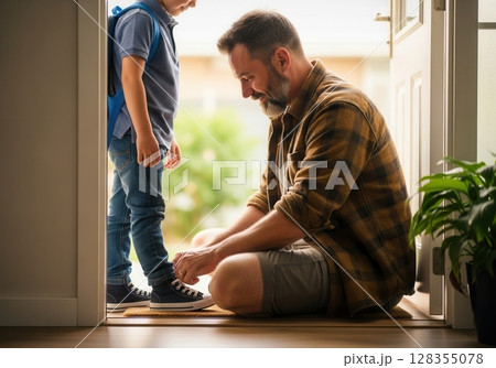 Father helping child tie shoes in the morning at home before school 128355078