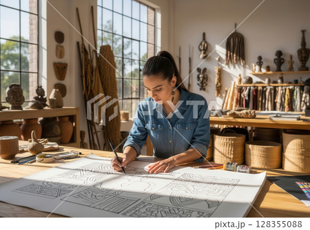 Designer creating traditional motifs in a modern natural materials studio 128355088