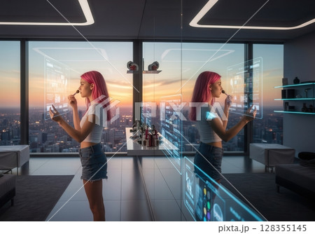 Girl applies makeup with help from translucent AI assistant in urban high-rise at sunset 128355145