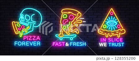 Pizza neon sign collection with text. Vector set featuring skull, skateboard slice, and triangle eye slice with phrases PIZZA FOREVER, FAST FRESH, IN SLICE WE TRUST on dark wall Pizza neon sign collection with text. Vector set featuring skull, skateboard slice, and triangle eye slice with phrases PIZZA FOREVER, FAST FRESH, IN SLICE WE TRUST on dark wall 128355200