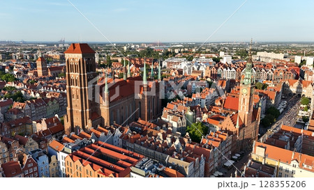 Aerial photo taken by drone over the historic tourist center of Gdansk, the city hall and the cathedral on a summer day, Poland, Europe Aerial photo taken by drone over the historic tourist center of Gdansk, the city hall and the cathedral on a summer day, Poland, Europe 128355206