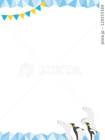 白熊とペンギンがいる氷の縦型のフレームイラスト_青_2 128355389