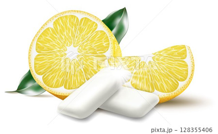 Citrus chewing gum. Bubble gum with lemon flavor. Chewing pads with fresh ripe lemon, oral health product, realistic advertising poster. Isolated 3d vector illustration 128355406