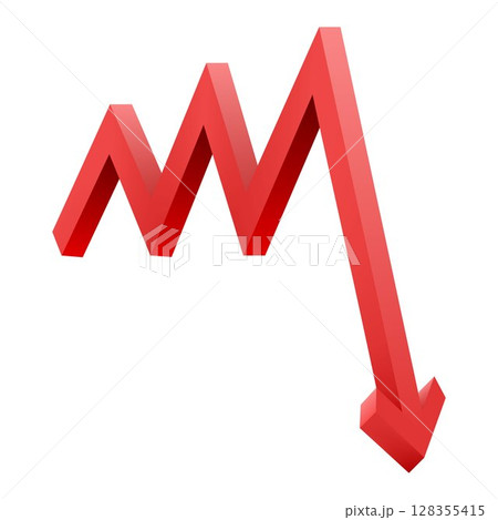 Red arrow pointing downwards showing crisis. Graph chart down icon. Realistic 3d vector illustration isolated on white background 128355415