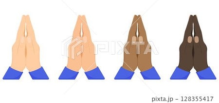 Hand pray symbol, isolated on white background. Folded hands of various skin tones vector icon set. Turning to God. Faith and Hope. Religious symbol. 128355417