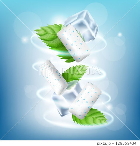 Chewing Gum Aromatic Creative Promo Banner Vector. Chewing Gum Pieces, Mint Green Leaves And Ice Cubes On Advertising Poster. Realistic 3d vector, isolated on white background. Template Illustration Chewing Gum Aromatic Creative Promo Banner Vector. Chewing Gum Pieces, Mint Green Leaves And Ice Cubes On Advertising Poster. Realistic 3d vector, isolated on white background. Template Illustration 128355434
