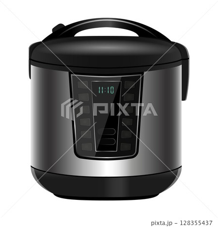Modern metal Multicooker. Pressure cooker for cooking food under pressure. Electronic control. Kitchen household appliance isolated on white background 128355437