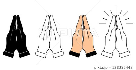 Human hands folded in prayer. Hand pray symbol, isolated on white background. Folded hands vector icon set. Turning to God. Faith and Hope. Religious symbol. Human hands folded in prayer. Hand pray symbol, isolated on white background. Folded hands vector icon set. Turning to God. Faith and Hope. Religious symbol. 128355448
