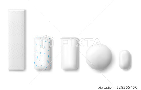 Set of realistic chewing gum of various shape in white color mint dragee. isolated on white background. 3D vector illustration Set of realistic chewing gum of various shape in white color mint dragee. isolated on white background. 3D vector illustration 128355450