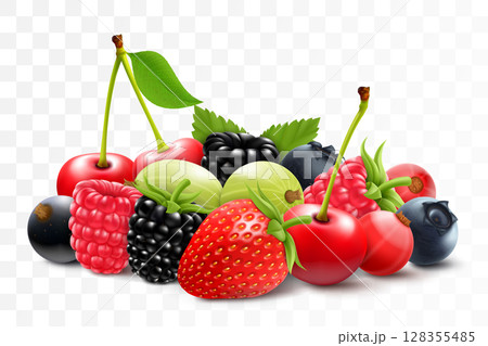 Mix of different berries, fresh assorted strawberry, raspberry, blackberry, gooseberry, cherry, currant, cranberry, and blueberry, isolated on white background. Realistic 3d vector illustration. Mix of different berries, fresh assorted strawberry, raspberry, blackberry, gooseberry, cherry, currant, cranberry, and blueberry, isolated on white background. Realistic 3d vector illustration. 128355485
