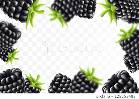 Blackberry background. Flying blackberry with green leaf on transparent background. Blackberry falling from different angles. Focused and blurry objects. 3D realistic vector. 128355488