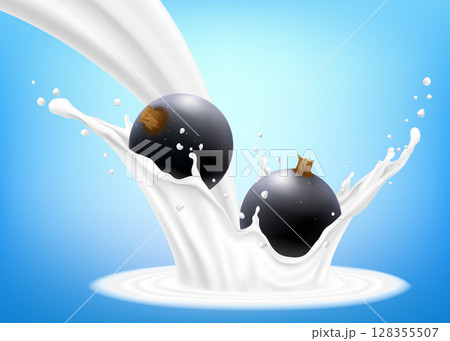 Blackcurrant in a splash of milk or yogurt. Fresh berry falls into the milk. 3d realistic vector illustration, isolated on blue background. Sweet food. Organic fruit. 128355507