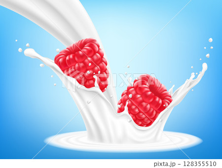 Fresh raspberry in a splash of milk or yogurt. Fresh berry falls into the milk. 3d realistic vector illustration, isolated on blue background. Sweet food. Organic fruit. 128355510