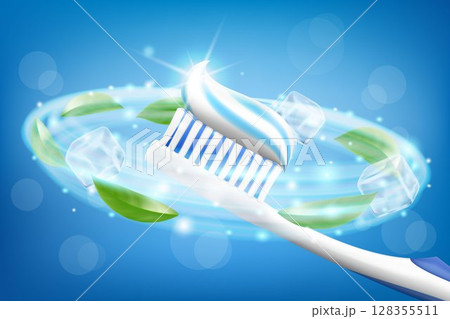 Toothpaste ads, refreshing mint. Toothpaste on toothbrush, mint leaves and ice cube. Drawn elements, realistic 3d vector illustration, cosmetics product, blur, blue background,sparkling effect 128355511