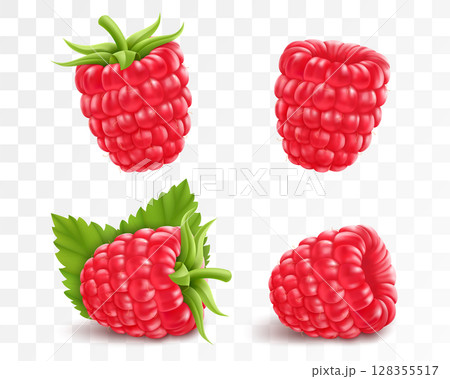 Collection of ripe raspberries isolated on transparent background. Natural summer fruit, realistic 3d vector illustration. Ingredient for juices, jams, yogurts, compotes. Mockup for package design 128355517