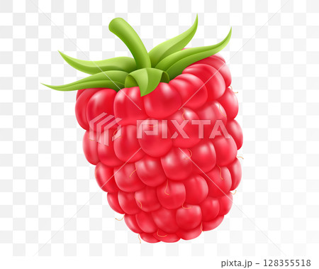 Ripe raspberry isolated on transparent background. Natural summer fruit, realistic 3d vector illustration. Ingredient for juices, jams, yogurts, compotes. Mockup for package design 128355518