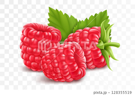 Raspberries isolated on transparent background. Natural summer fruit, realistic 3d vector illustration. Ingredient for juices, jams, yogurts, compotes. Mockup for package design 128355519