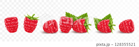 Collection of ripe raspberries isolated on transparent background. Natural summer fruit, realistic 3d vector illustration. Ingredient for juices, jams, yogurts, compotes. Mockup for package design 128355521