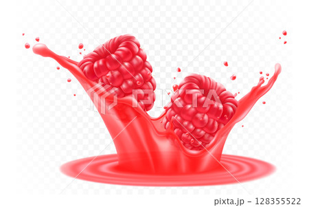 Red fresh raspberries in a splash of juice or yogurt. Fresh berry falls into the juice. 3d realistic vector illustration, isolated on white background. Sweet food. Organic fruit. 128355522