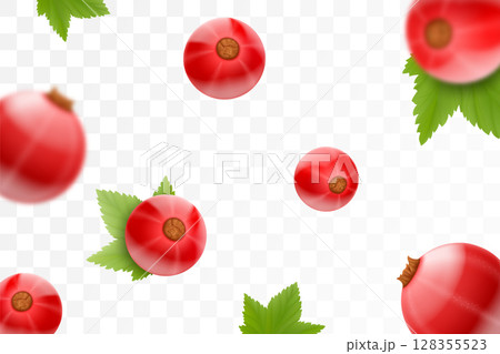 Redcurrant background. Flying red currant with green leaf on transparent background. Currant falling from different angles. Focused and blurry objects. 3D realistic vector. 128355523