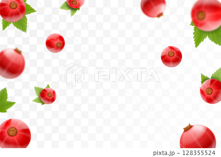 Redcurrant background. Flying red currant with green leaf on transparent background. Currant falling from different angles. Focused and blurry objects. 3D realistic vector. 128355524