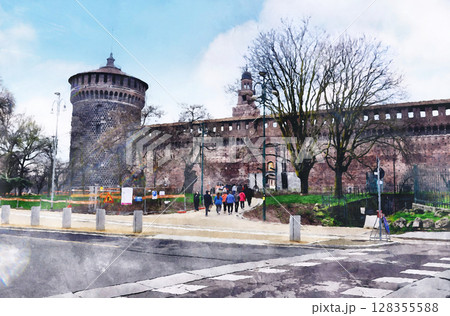 ミラノにあるスフォルツェスコ城のカルミネ門から入っていく多くの観光客（オリジナル画像からAI生成） 128355588