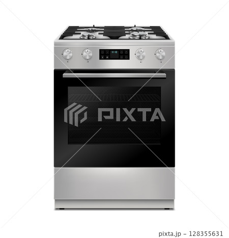 Kitchen gas stove. The household equipment. Realistic 3d Vector illustration. Front view. Isolated on white background Kitchen gas stove. The household equipment. Realistic 3d Vector illustration. Front view. Isolated on white background 128355631