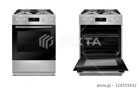 Modern gas stove, multi function stove with touch menu and timer in two views, with open and close door with light. Realistic 3d Vector illustration isolated on white background Modern gas stove, multi function stove with touch menu and timer in two views, with open and close door with light. Realistic 3d Vector illustration isolated on white background 128355632