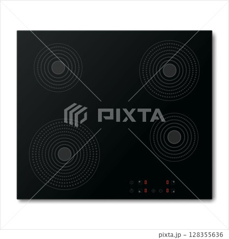 Electric stove induction cooktop with four power boost burners. Domestic equipment. Realistic smooth surface ceramic black glass. Electric hob. Top view. Home appliance. Vector illustration Electric stove induction cooktop with four power boost burners. Domestic equipment. Realistic smooth surface ceramic black glass. Electric hob. Top view. Home appliance. Vector illustration 128355636