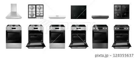 Set of gas and electric stoves, hoods and kitchen gas and electric surfaces. Realistic 3d hobs, Cooktop isolated vector illustration on white background Set of gas and electric stoves, hoods and kitchen gas and electric surfaces. Realistic 3d hobs, Cooktop isolated vector illustration on white background 128355637