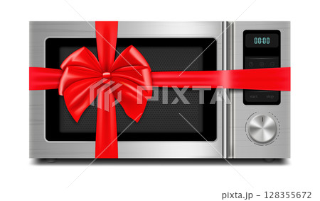 Microwave with red ribbon and bow. 3D rendering. Gift concept. Realistic vector illustration isolated on white background Microwave with red ribbon and bow. 3D rendering. Gift concept. Realistic vector illustration isolated on white background 128355672