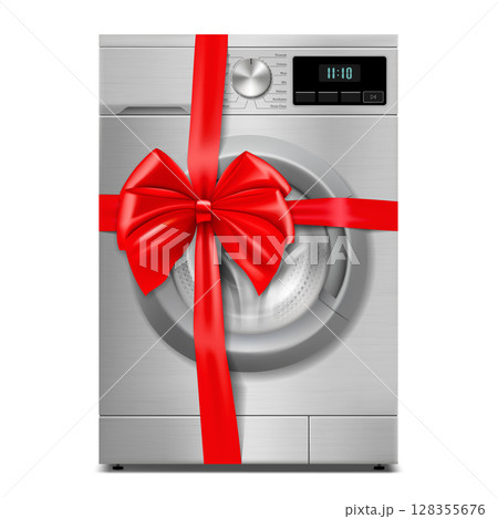 Washing machine with red ribbon and bow. 3D rendering. Gift concept. Realistic vector illustration isolated on white background 128355676