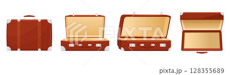 Open and closed Retro Leather Suitcase in different angles. Bag With Metal Corners, Belts and Handle, Isolated on White Background. Vacation and Travel Concept. Front view. Vector flat design 128355689