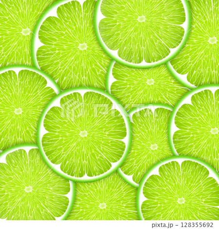 Background of fresh green lime slices. Seamless pattern for your design. Realistic 3d vector illustration. Close-up. 128355692
