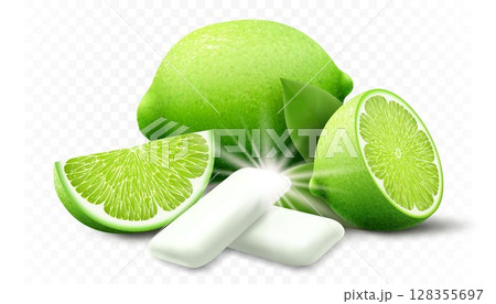 Lime chewing gum. Bubble gum with lime citrus flavor. Chewing pads with fresh ripe lime, oral health product, realistic advertising poster. Isolated 3d vector illustration Lime chewing gum. Bubble gum with lime citrus flavor. Chewing pads with fresh ripe lime, oral health product, realistic advertising poster. Isolated 3d vector illustration 128355697