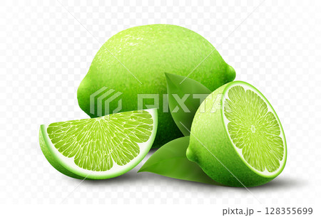 Fresh lime set, with various view of whole lime fruit, halves and slices, isolated on transparent background. Realistic 3d vector illustration Fresh lime set, with various view of whole lime fruit, halves and slices, isolated on transparent background. Realistic 3d vector illustration 128355699